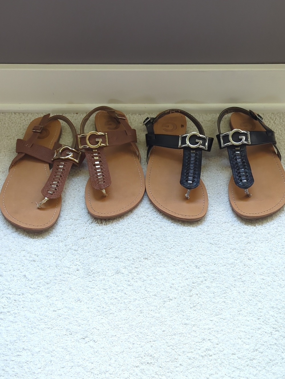 G by Guess Brown and Black T-Strap Sandals with G Hardware